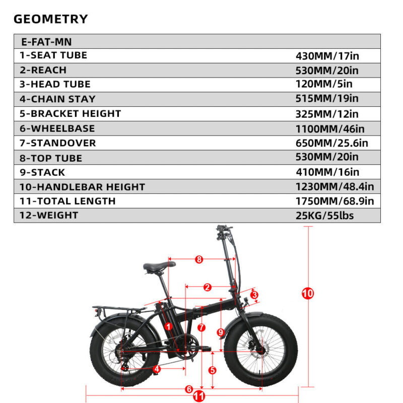 EUNORAU E-FAT-MN 48V 12.5Ah/17.5Ah 500W Folding Fat Tire Electric Bike - Image 6